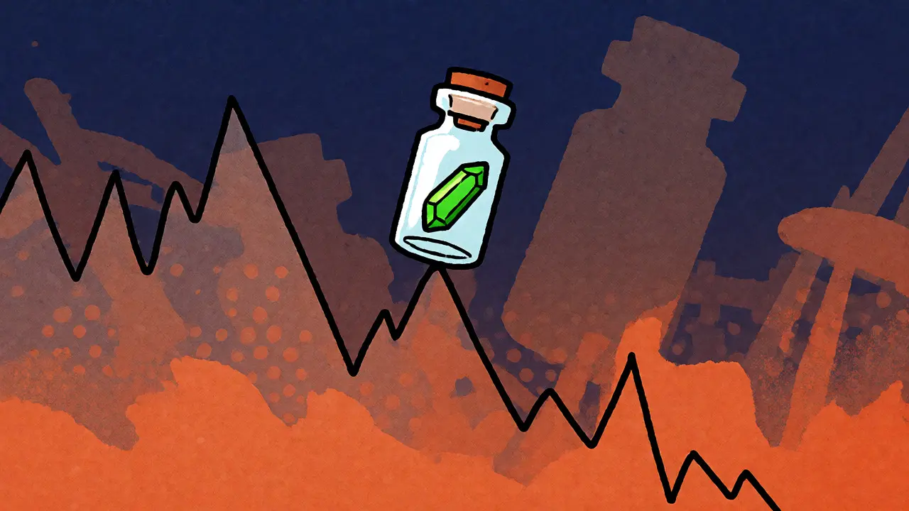 Fragile token vial balancing on a volatile price chart