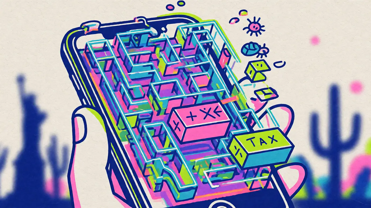 Hand holding a phone projecting a complex maze of crypto regulations.