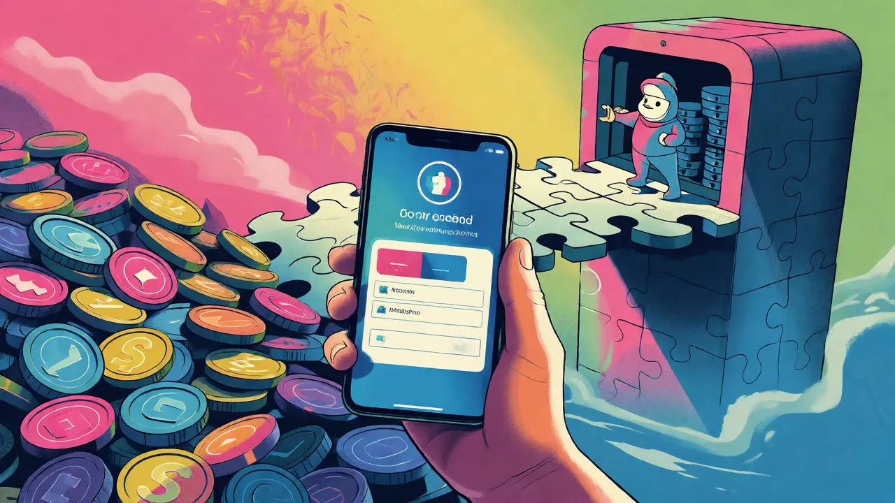 Hand holding phone bridging scattered coins to a secure local vault