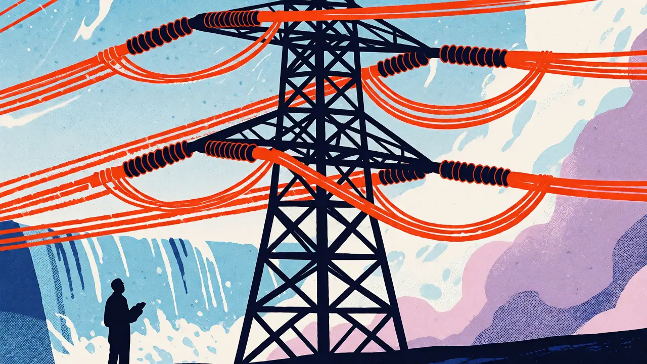 High-voltage power lines and officials inspecting grid capacity in cartoon risograph art