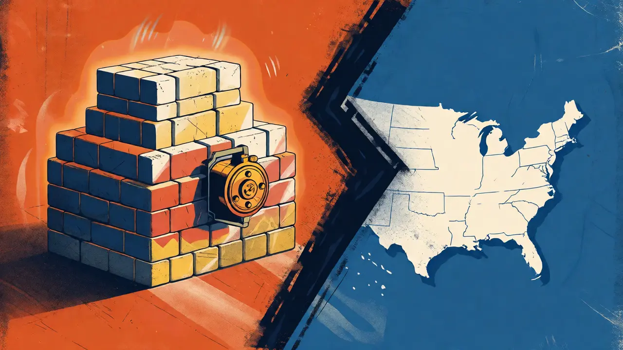 Illustration of a secure crypto vault separated from a US map outline by a barrier.