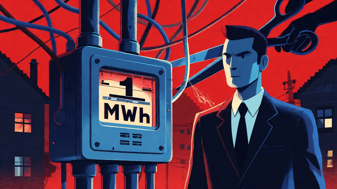 Illustration of authorities cutting illegal power lines to enforce mining regulations.