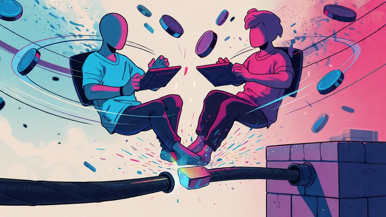 Illustration of gamers exchanging rapid off-chain moves while connected sparsely to main chain.