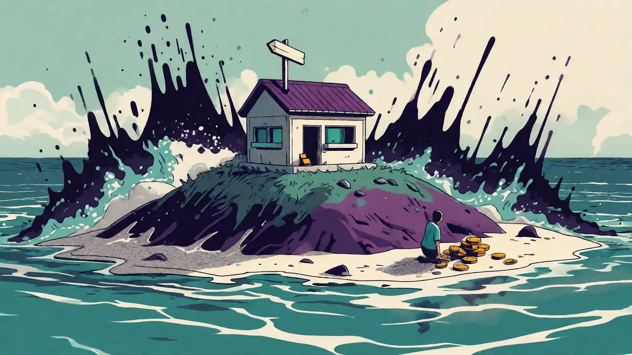 Isolated island in rough ocean representing low liquidity and high risk