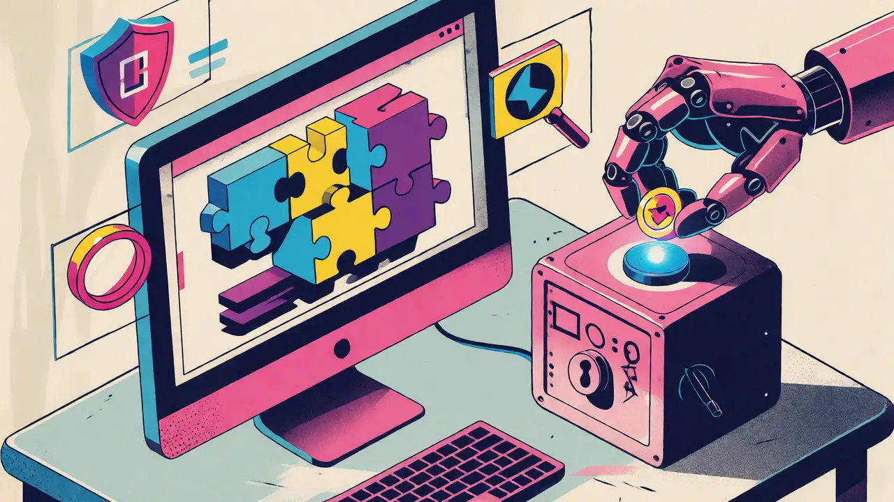 Isometric cartoon of a developer implementing smart contracts with code blocks and a vault.
