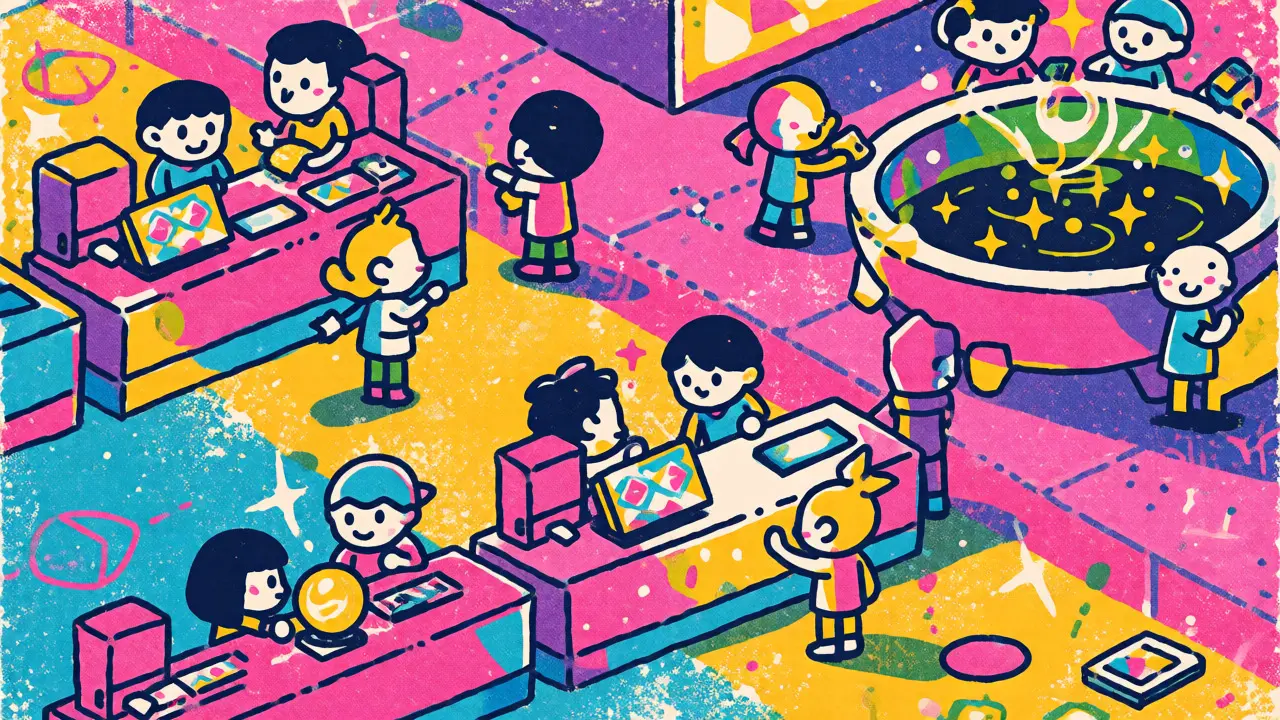 Isometric crypto marketplace with fans exchanging rewards