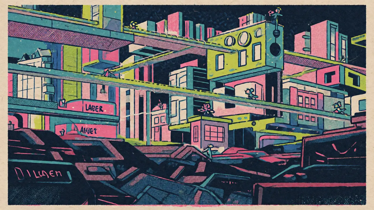 Multi-layered futuristic cityscape in risograph style depicting Layer 1 foundations and Layer 2 bridges.