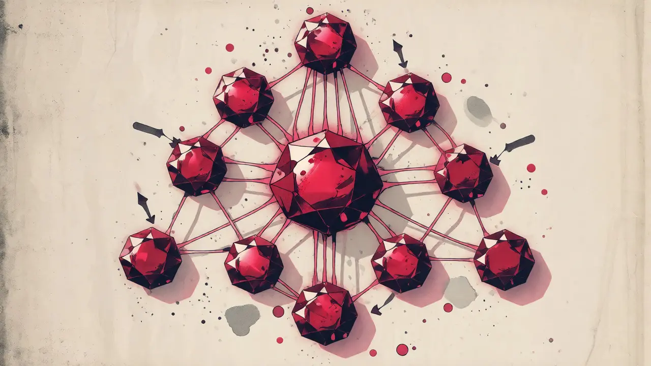 Pyramid of red gems illustrating MLM-style referral network structure