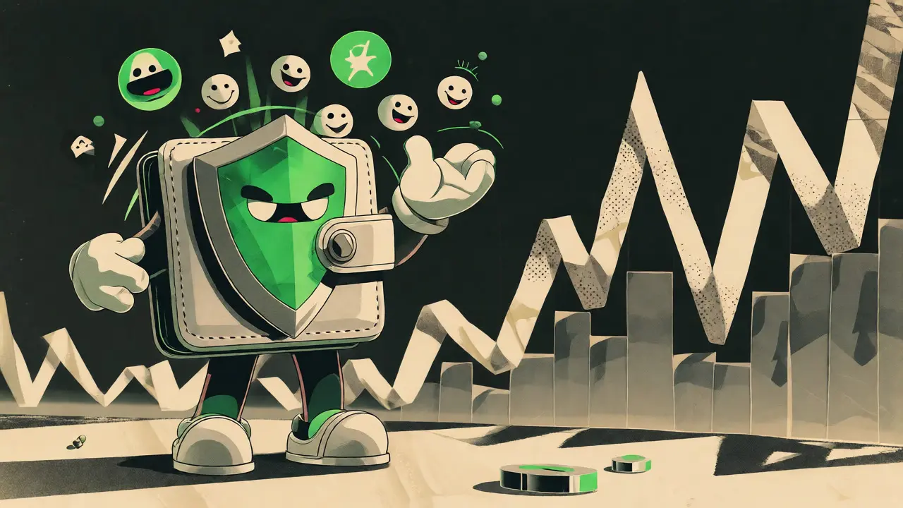 RICE Wallet mascot protecting users from spam amidst rising market graph