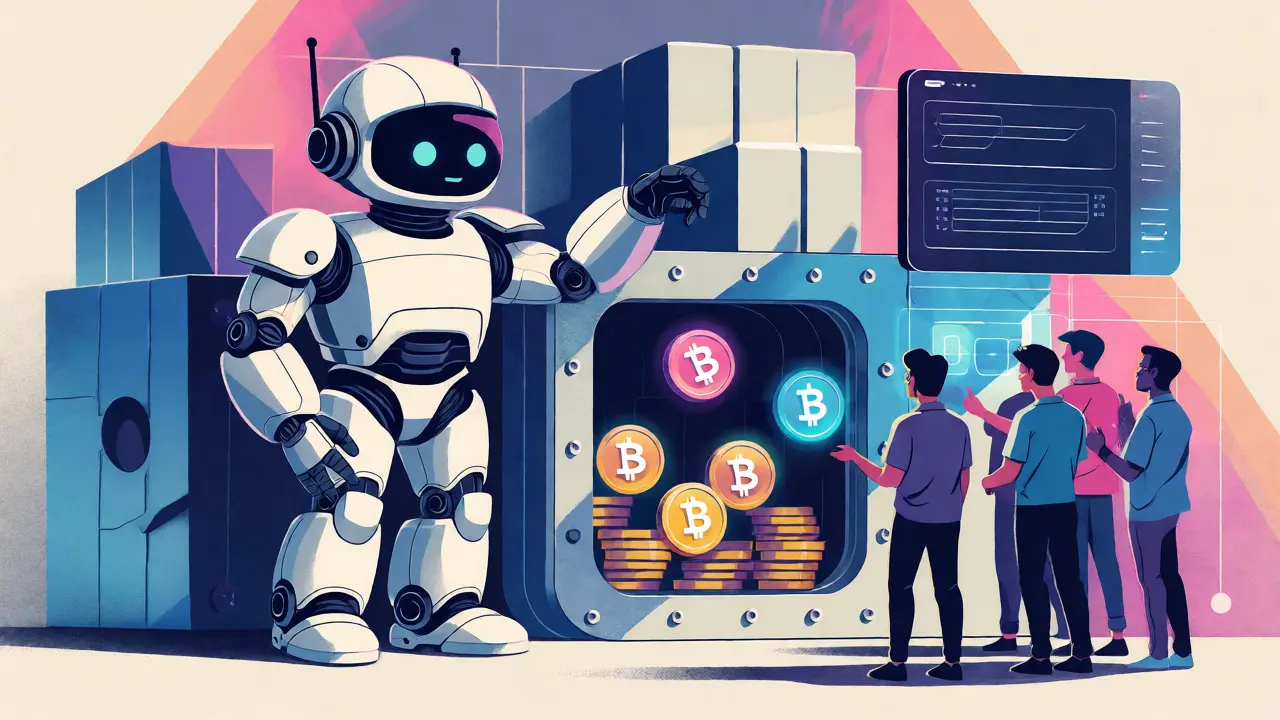 Robot guard protecting crypto vault with users interacting with a mobile app