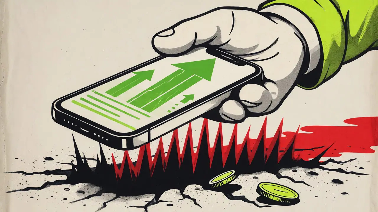 Sleek mobile app hiding sharp red spikes of hidden fees and costs underneath