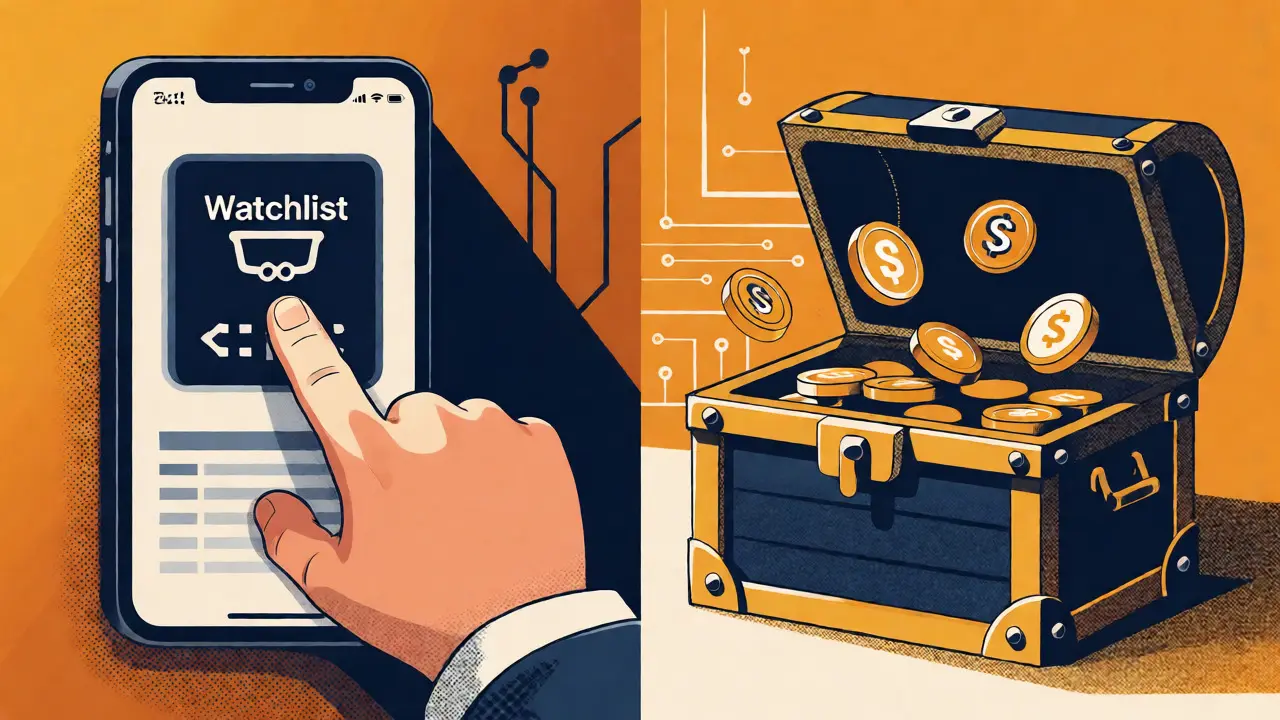 Smartphone watchlist action leading to treasure chest and wallet in riso art