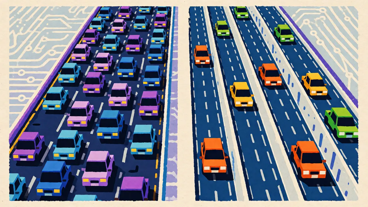 Split-screen risograph art comparing congested Layer 1 highways with flowing Layer 2 parallel lanes.