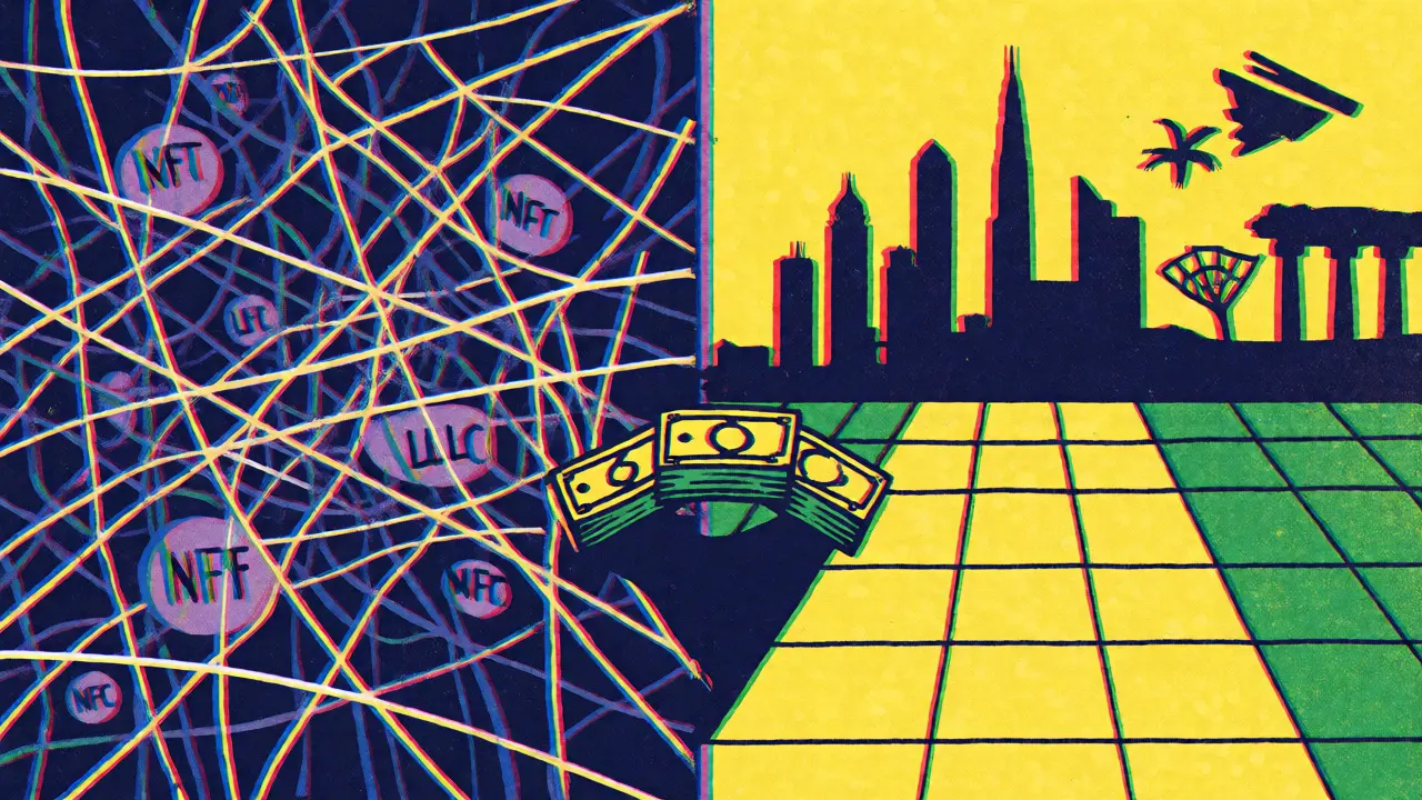 Split view of complex crypto portfolios versus organized global relocation destinations