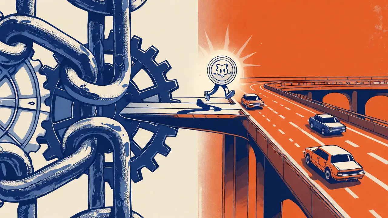 Split view of heavy Ethereum chain and fast Base network connected by a bridge