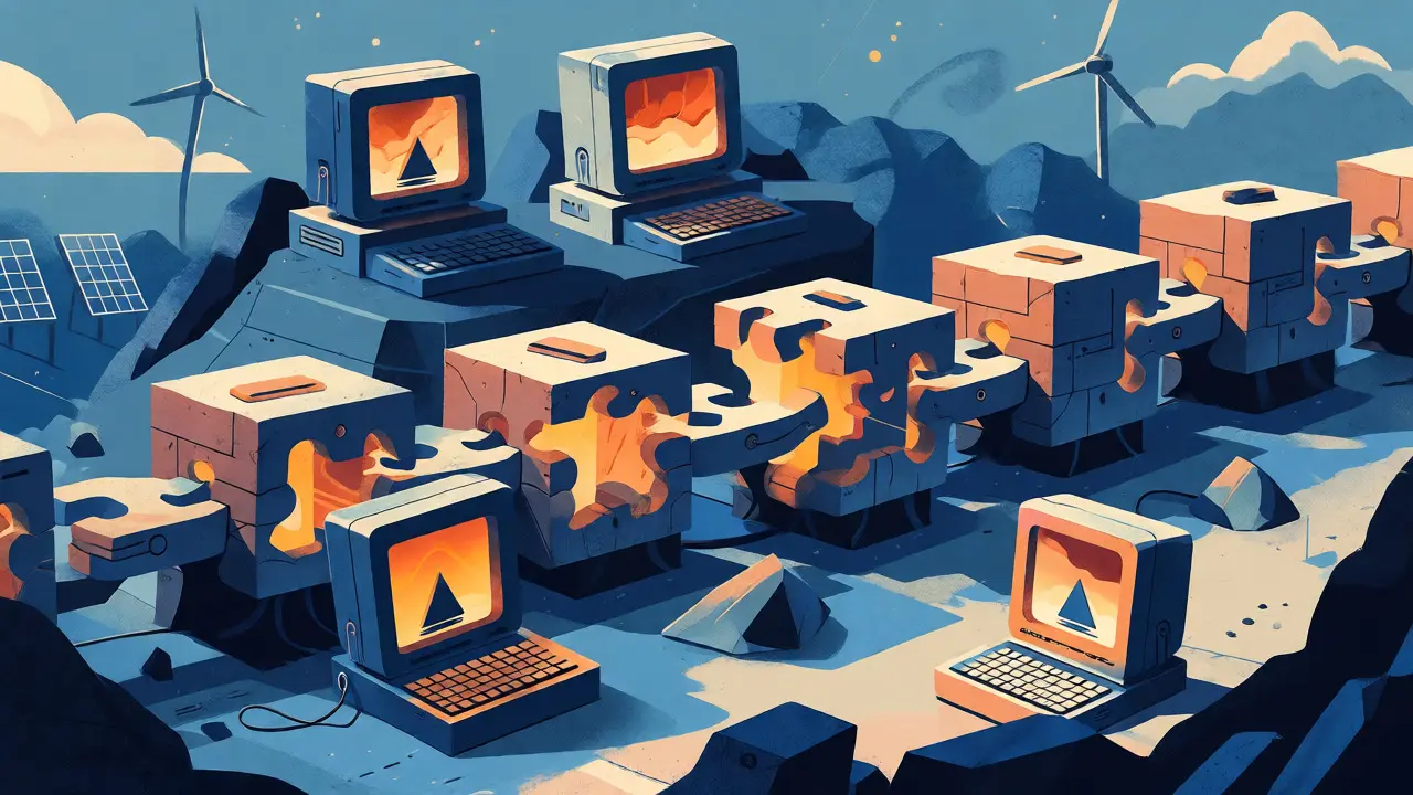 Stylized computers forming a blockchain through mining puzzles in cartoon style