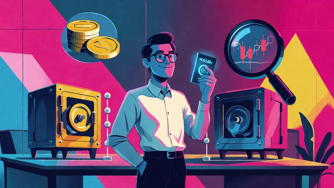 Stylized entrepreneur holding a digital passport surrounded by compliance icons like vaults and charts.