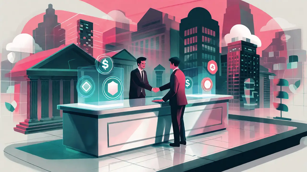 Stylized exchange counter facilitating compliant spot crypto trading.