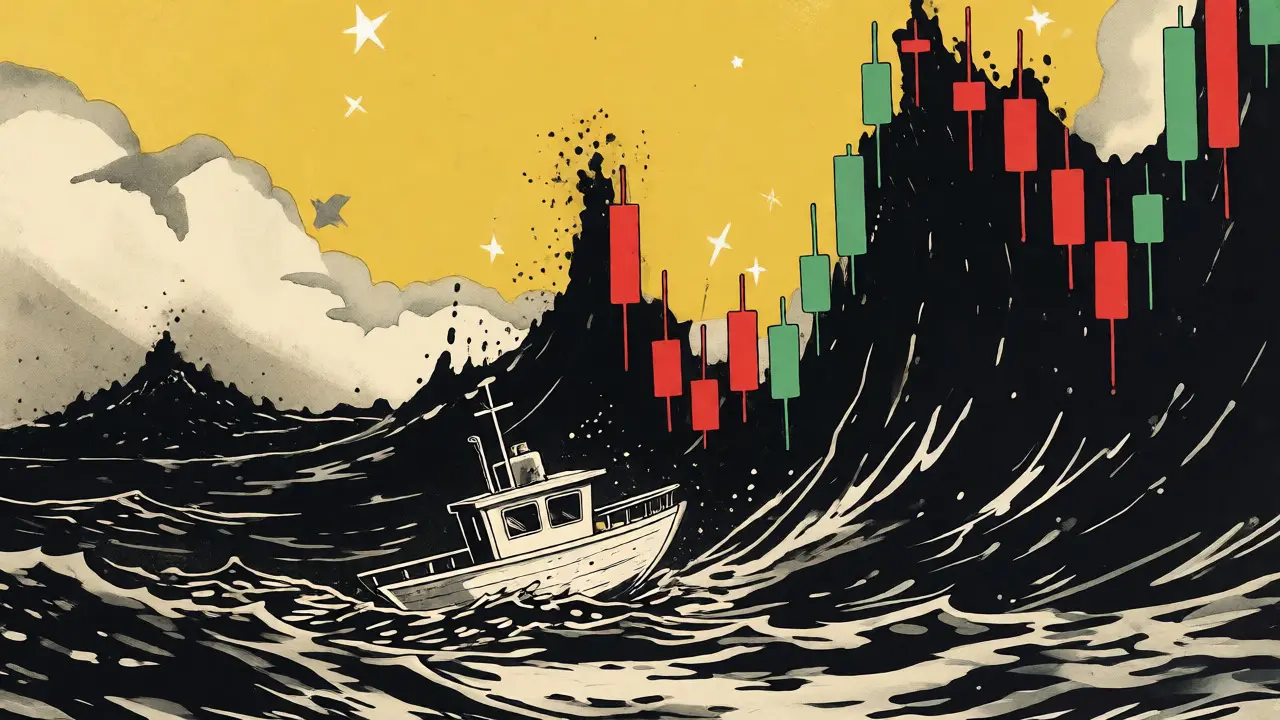 Tiny boat on dark ocean surrounded by towering red and green candlestick waves