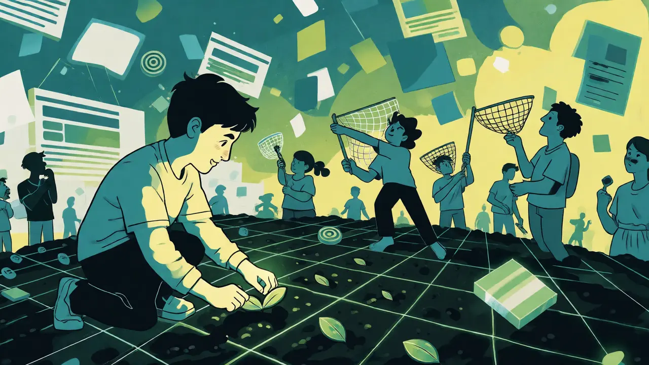 User planting seeds in a digital grid while others catch falling tokens